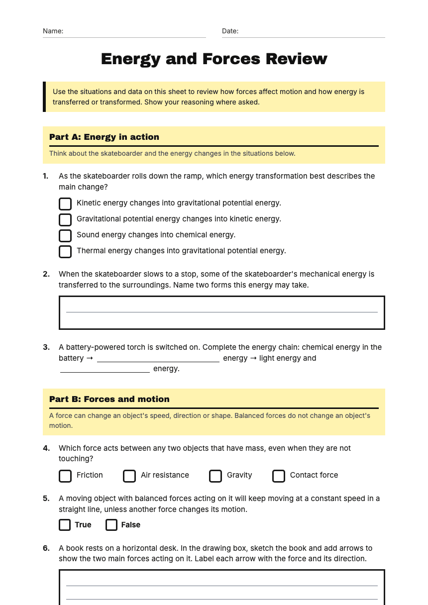 Energy and Forces Review worksheet preview
