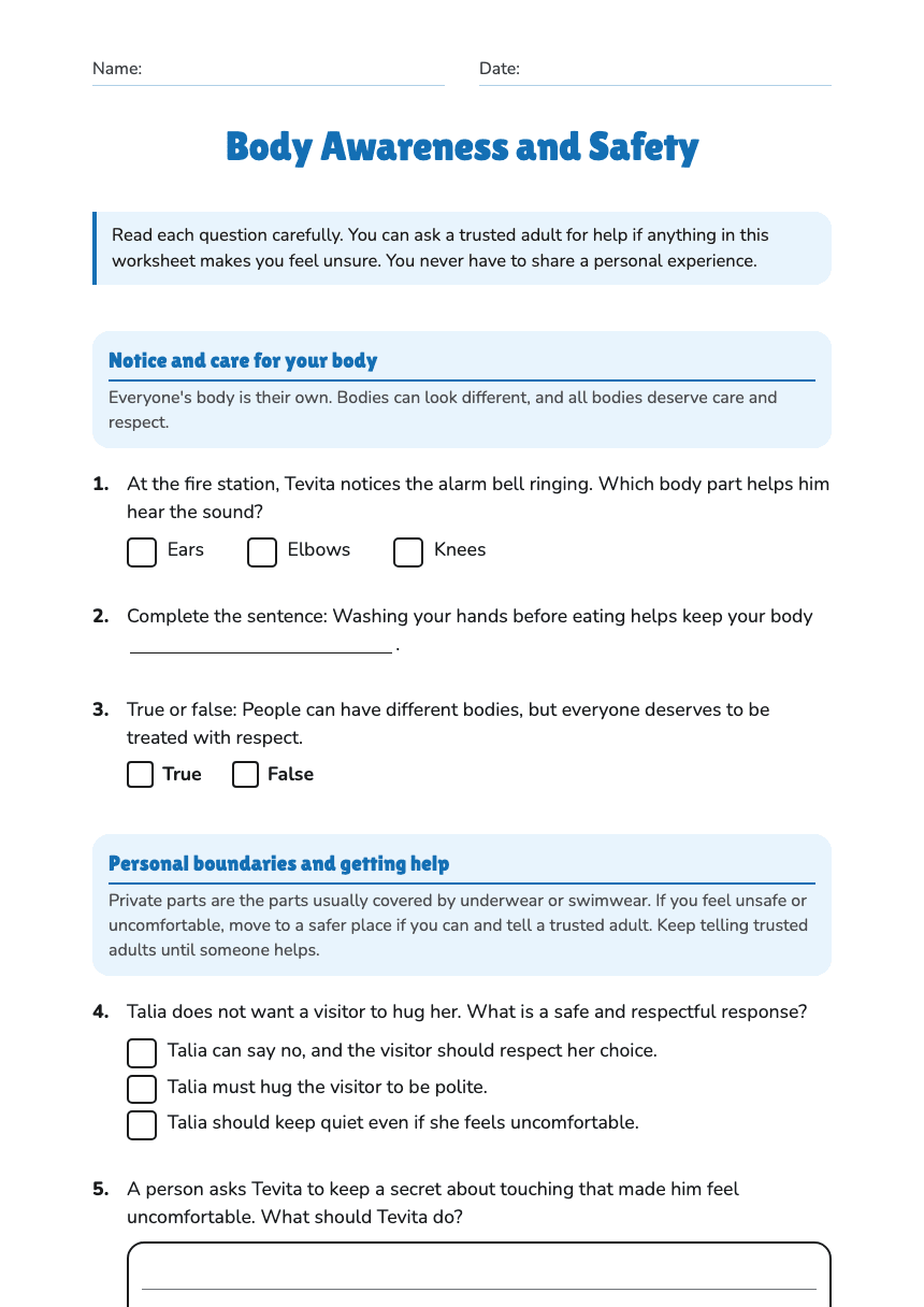Body Awareness and Safety worksheet preview