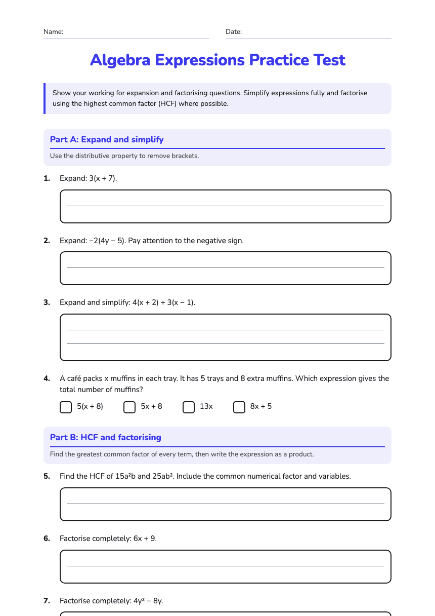 Algebra Expressions Practice Test worksheet preview