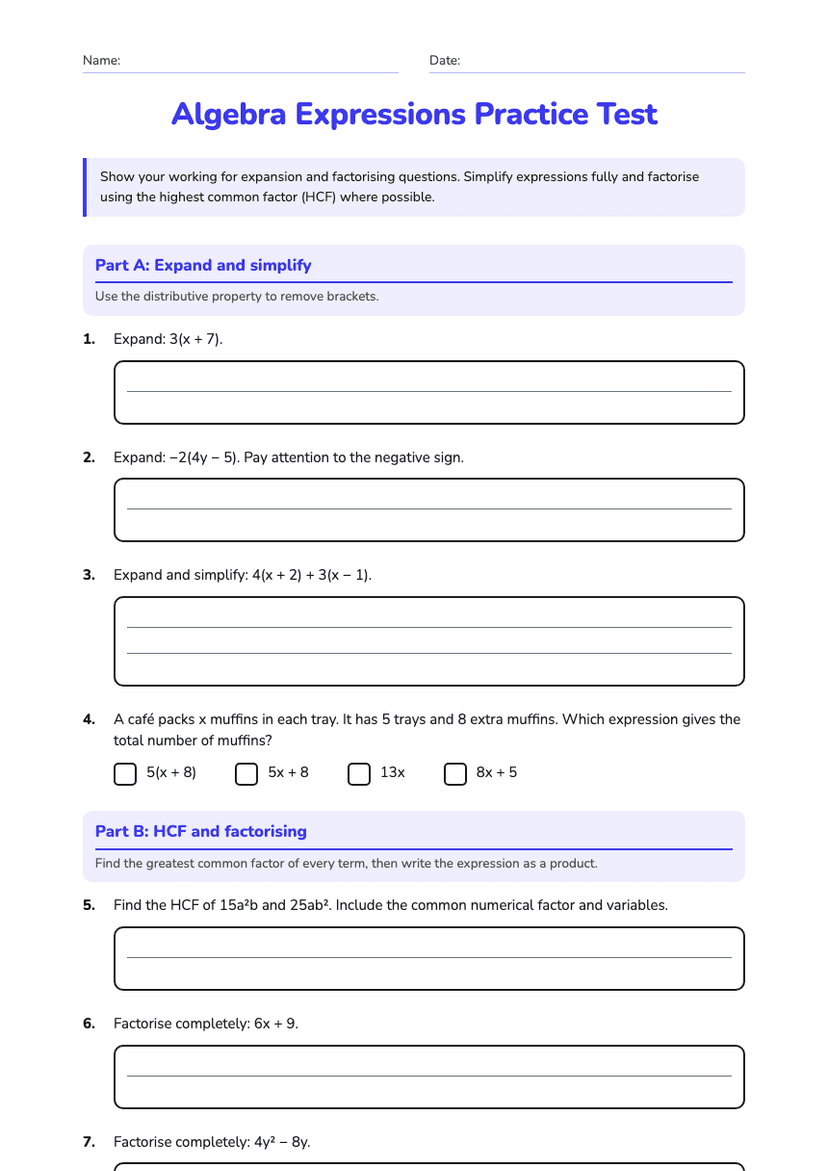 Algebra Expressions Practice Test