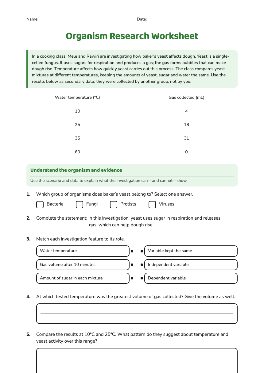 Organism Research Worksheet worksheet preview