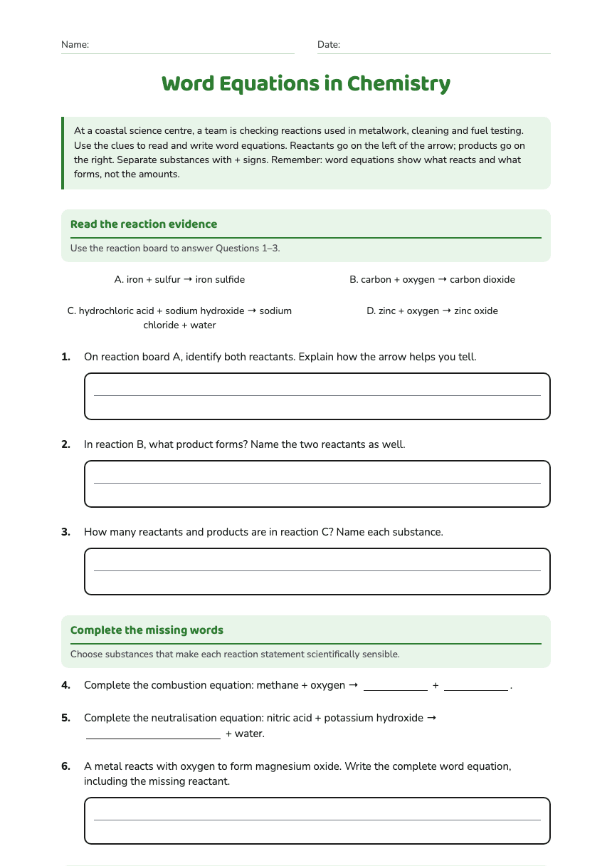 Word Equations in Chemistry worksheet preview
