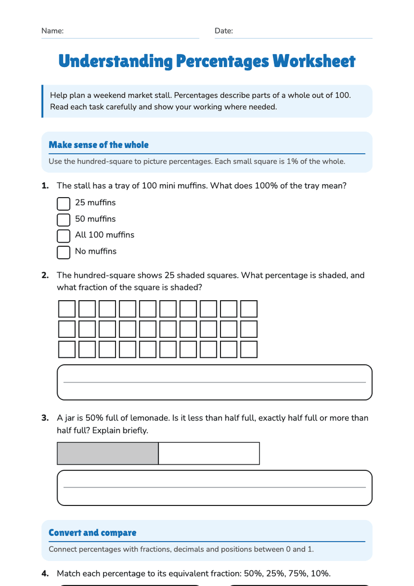 Understanding Percentages Worksheet