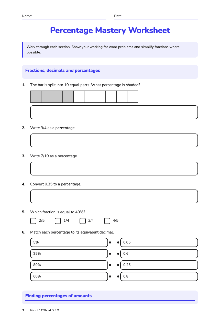 Percentage Mastery Worksheet worksheet preview