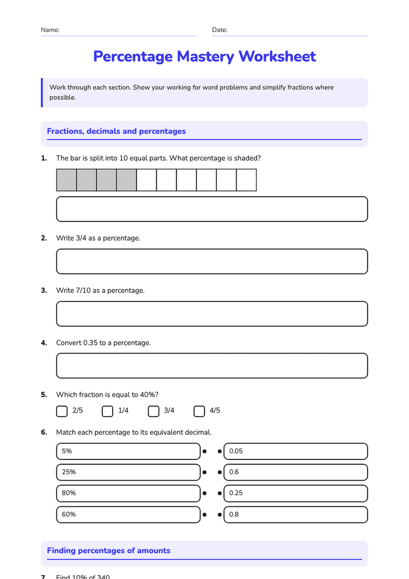 Percentage Mastery Worksheet