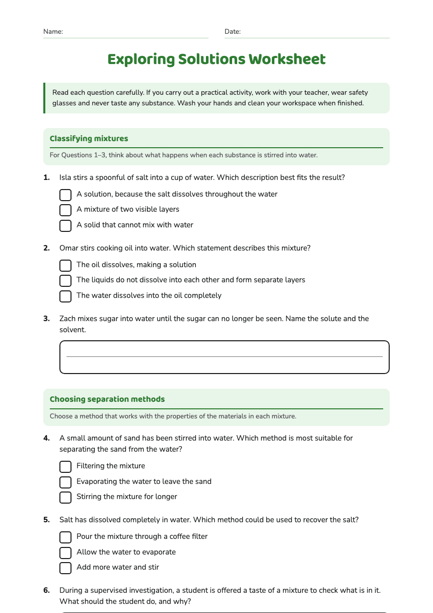 Exploring Solutions Worksheet worksheet preview