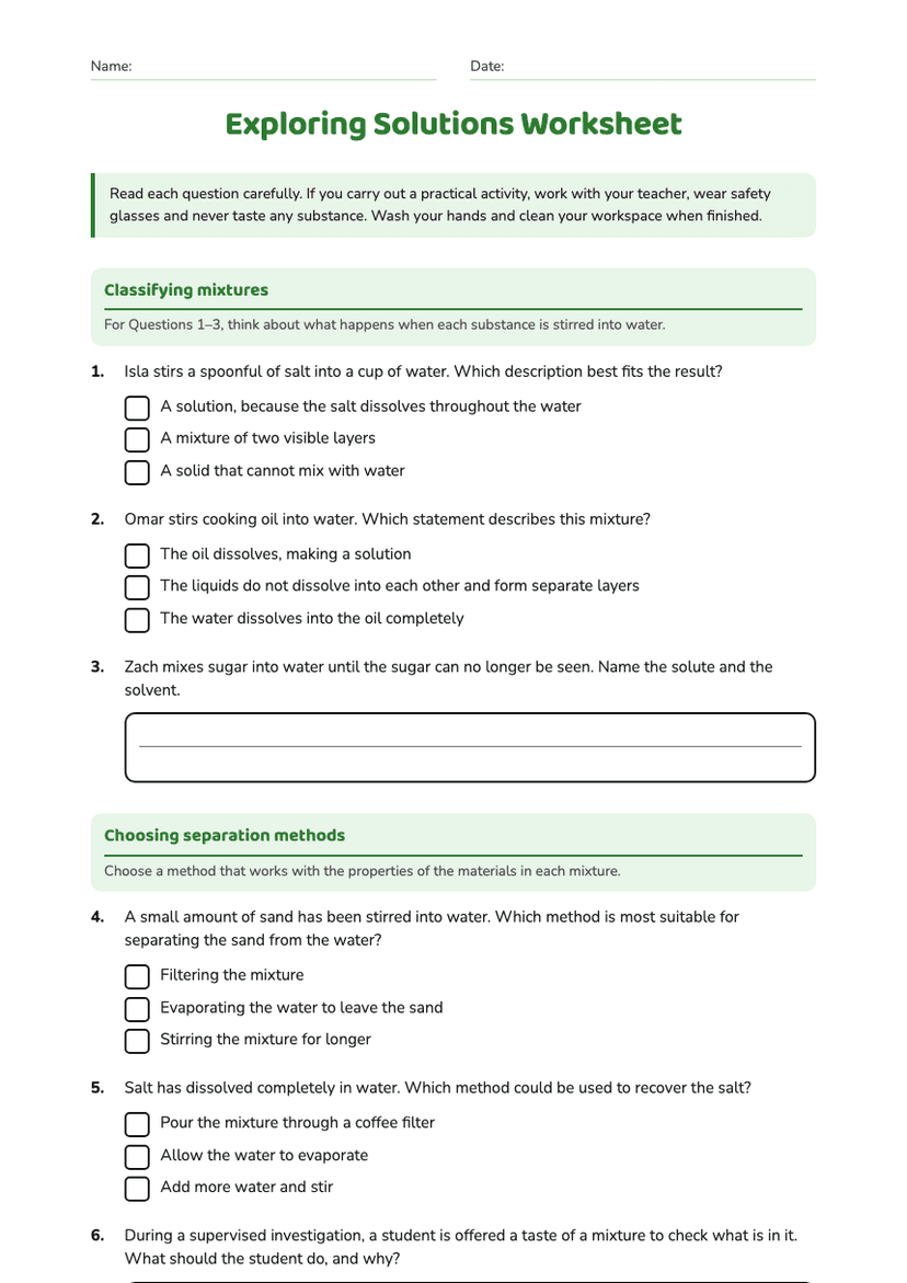 Exploring Solutions Worksheet
