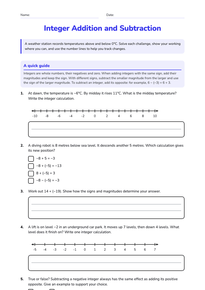 Integer Addition and Subtraction worksheet preview
