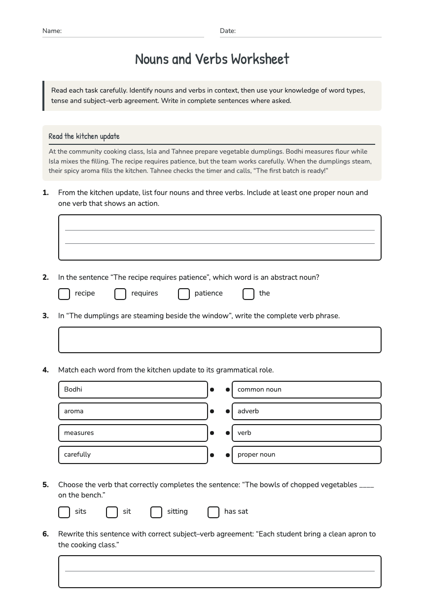 Nouns and Verbs Worksheet worksheet preview