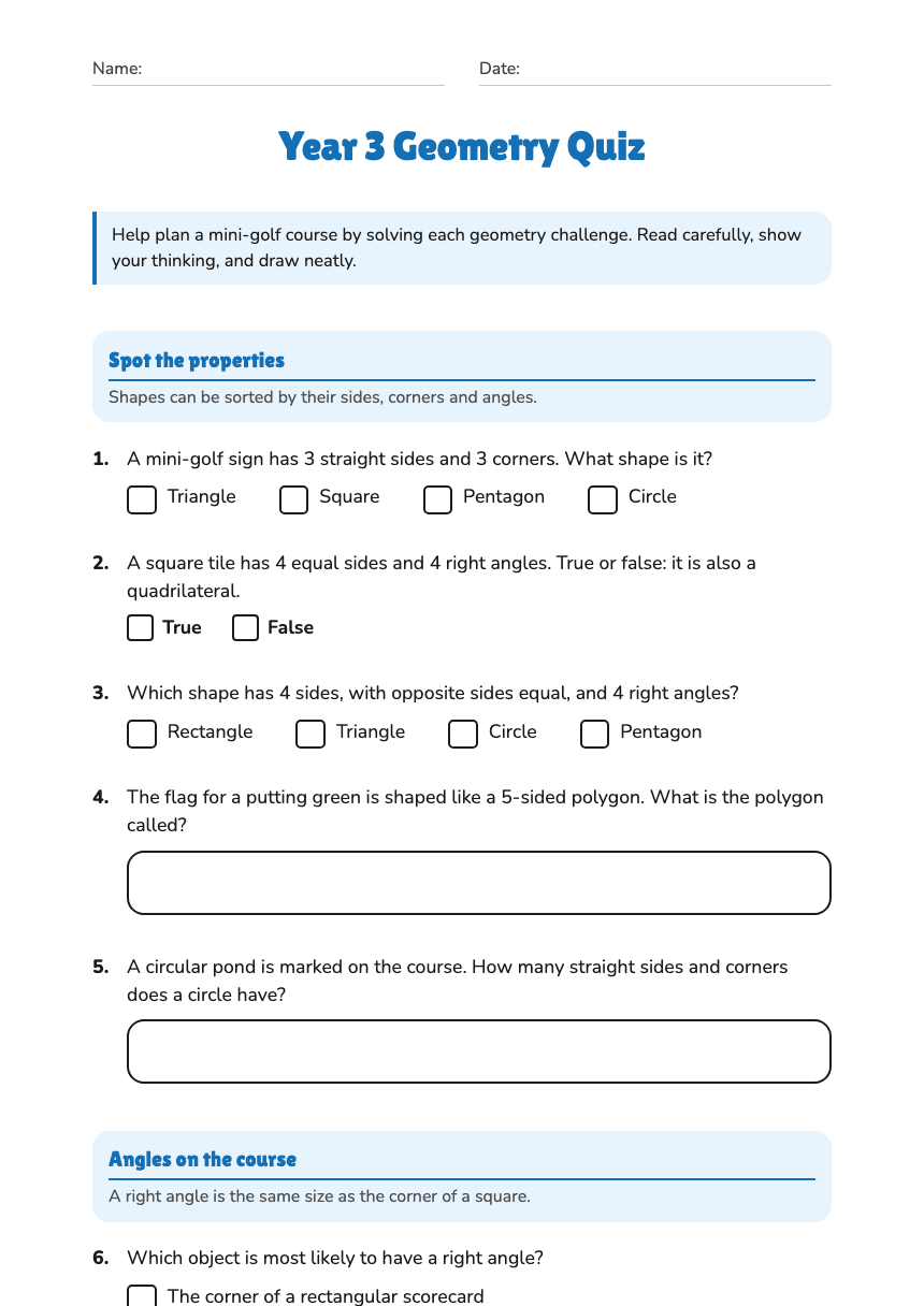 Year 3 Geometry Quiz worksheet preview