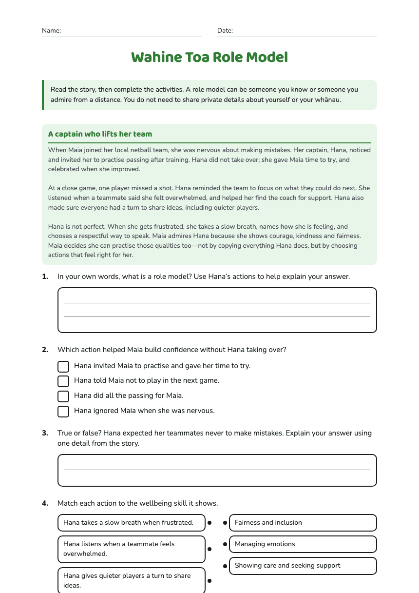 Wahine Toa Role Model worksheet preview