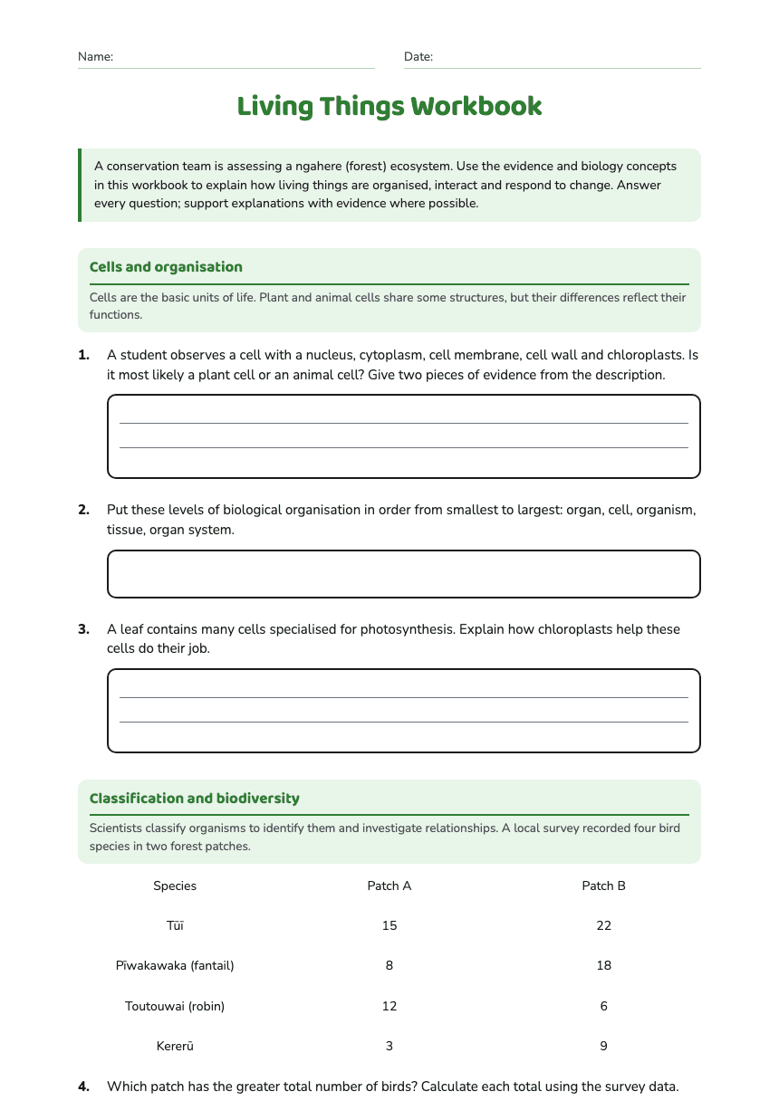 Living Things Workbook worksheet preview