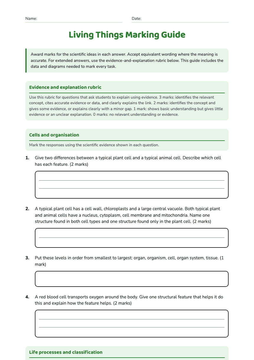 Living Things Marking Guide worksheet preview