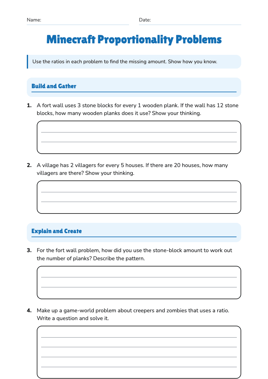 Minecraft Proportionality Problems worksheet preview