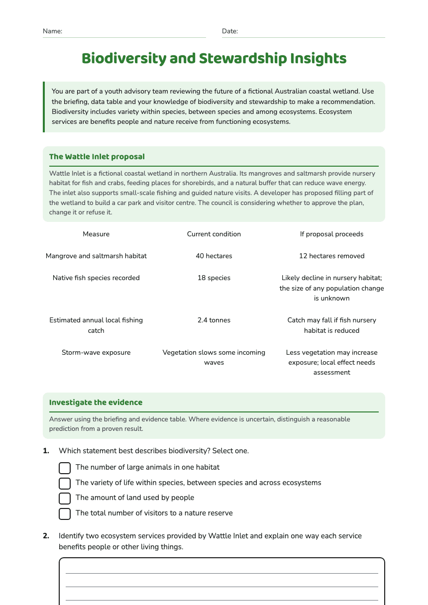 Biodiversity and Stewardship Insights worksheet preview
