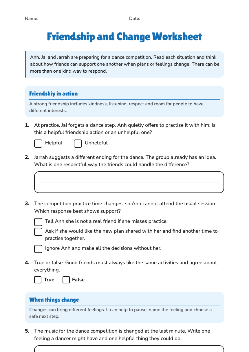 Friendship and Change Worksheet worksheet preview