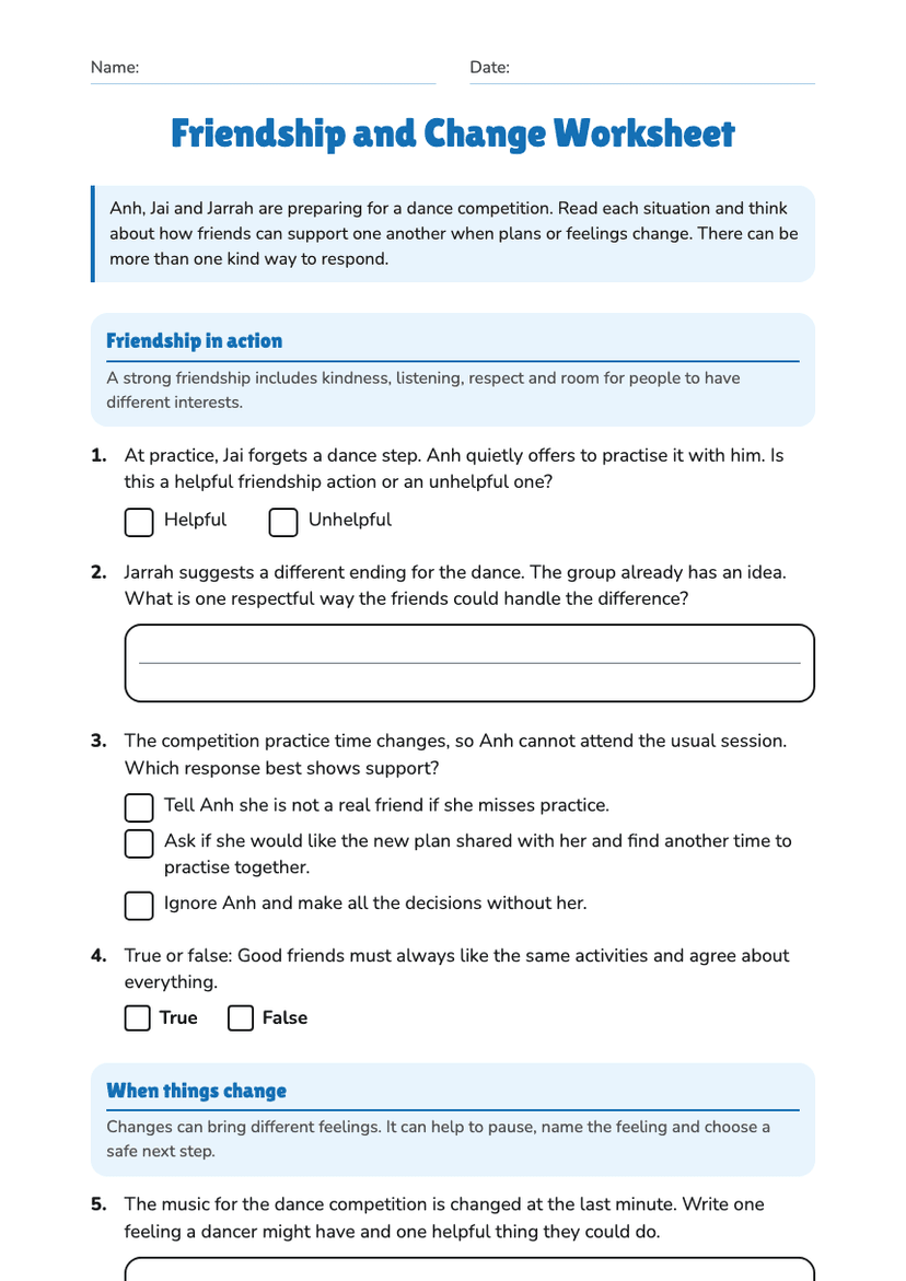 Friendship and Change Worksheet