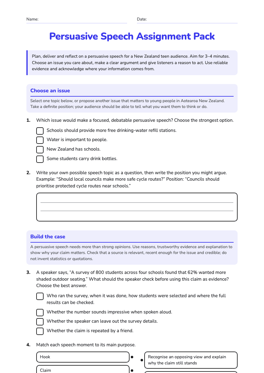 Persuasive Speech Assignment Pack worksheet preview