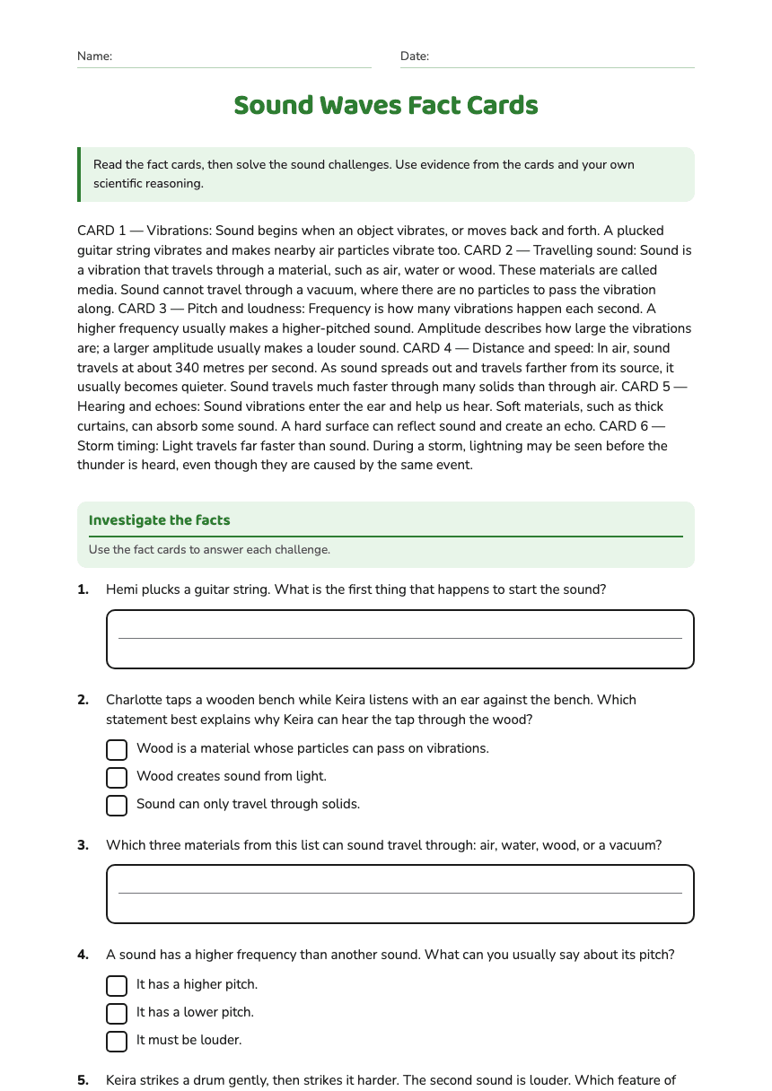 Sound Waves Fact Cards worksheet preview