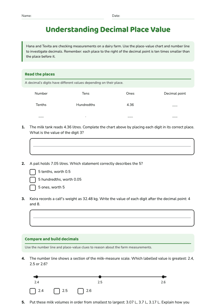 Understanding Decimal Place Value worksheet preview