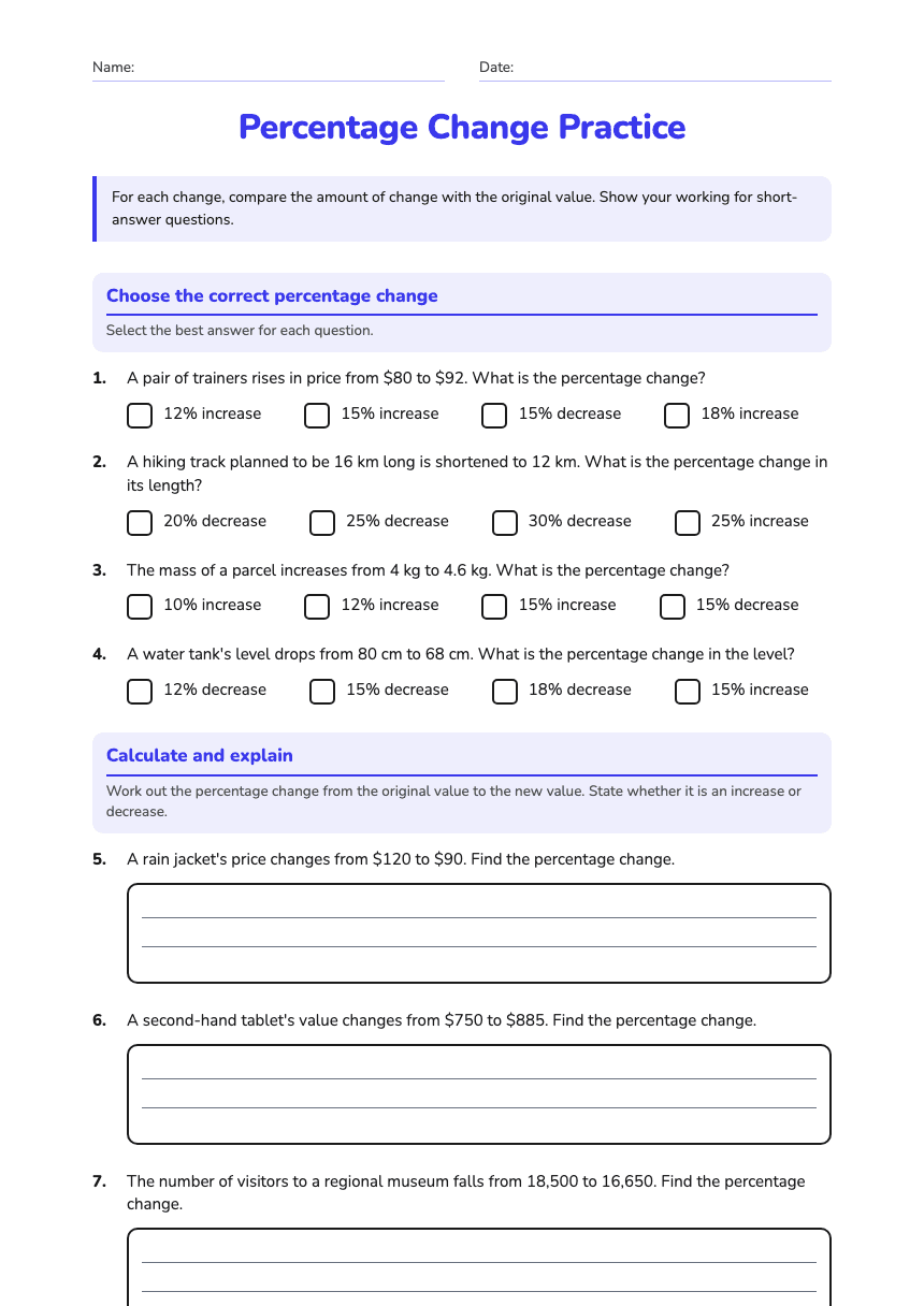 Percentage Change Practice worksheet preview