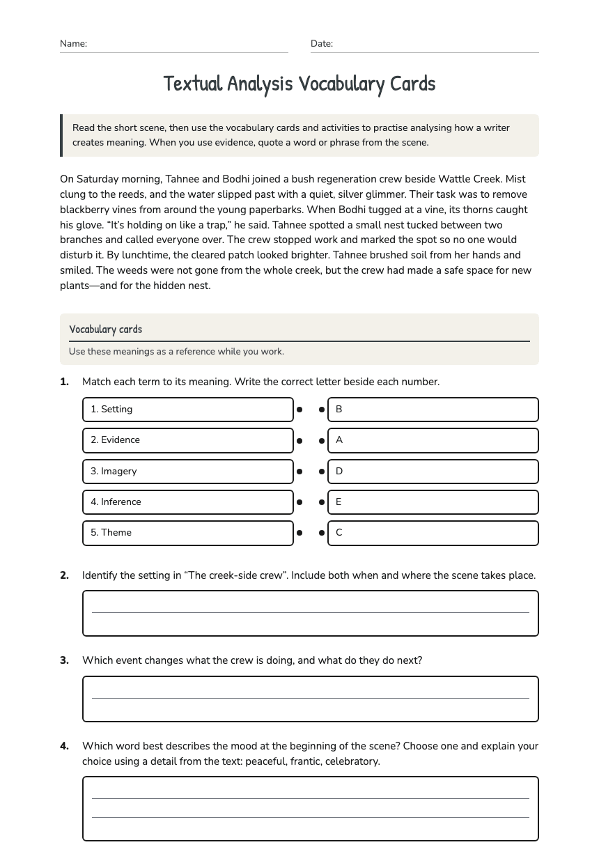 Textual Analysis Vocabulary Cards worksheet preview