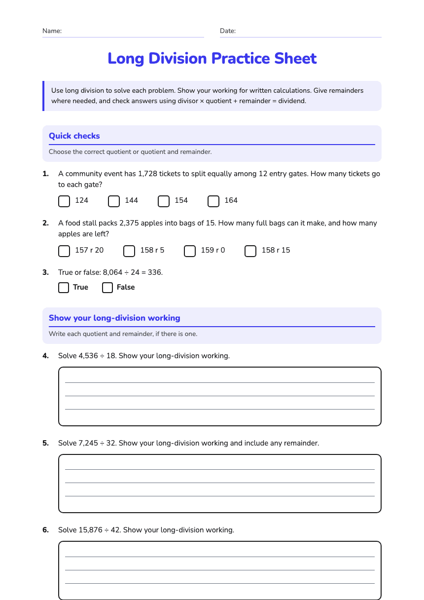 Long Division Practice Sheet worksheet preview