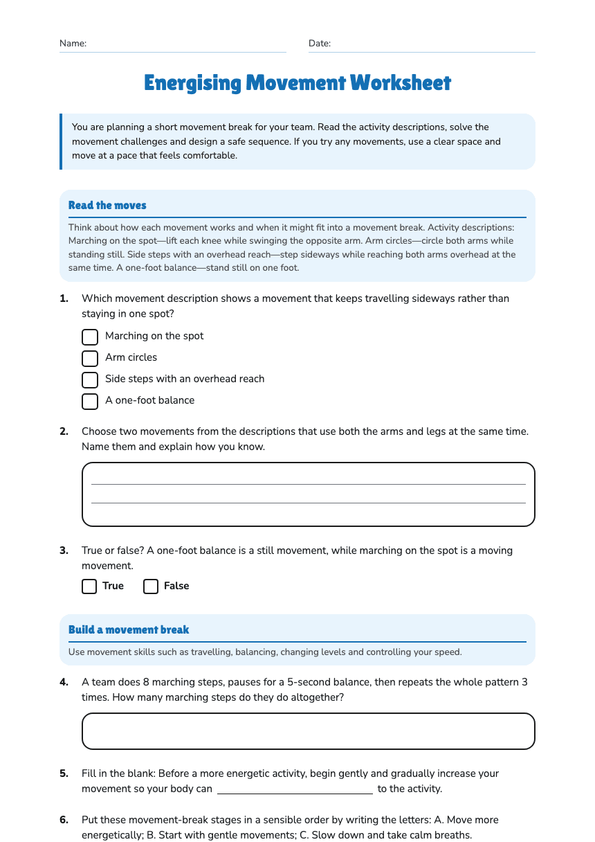 Energising Movement Worksheet worksheet preview