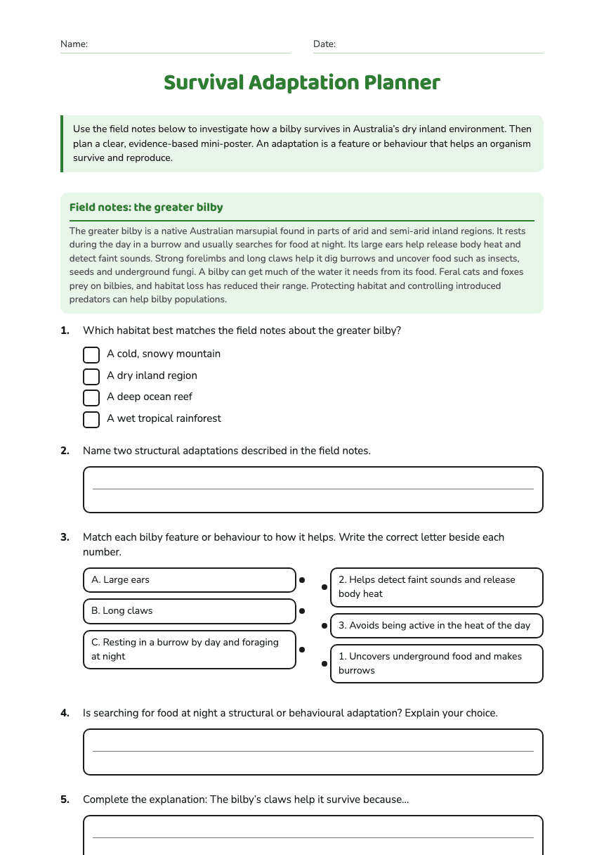 Survival Adaptation Planner worksheet preview