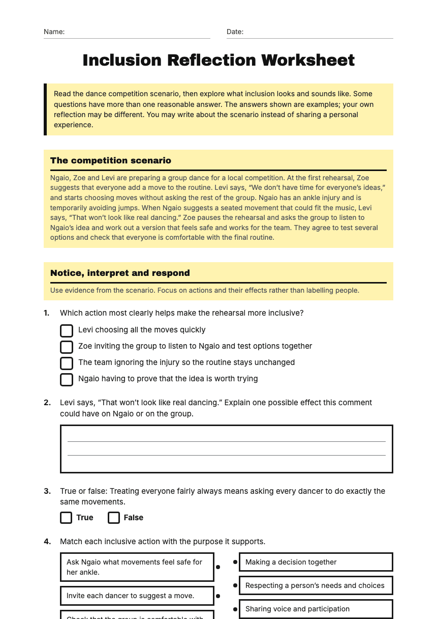 Inclusion Reflection Worksheet worksheet preview