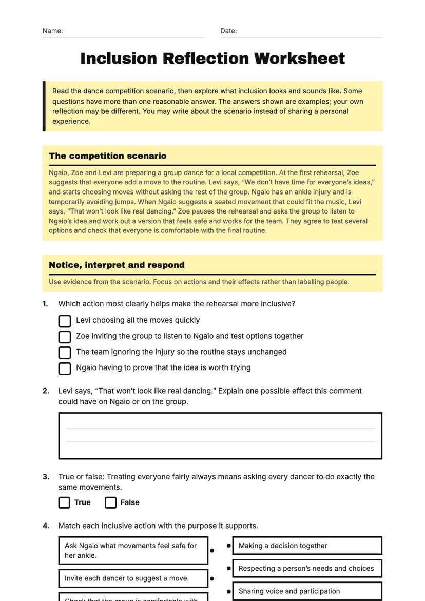 Inclusion Reflection Worksheet