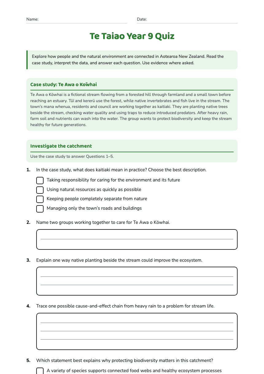 Te Taiao Year 9 Quiz worksheet preview