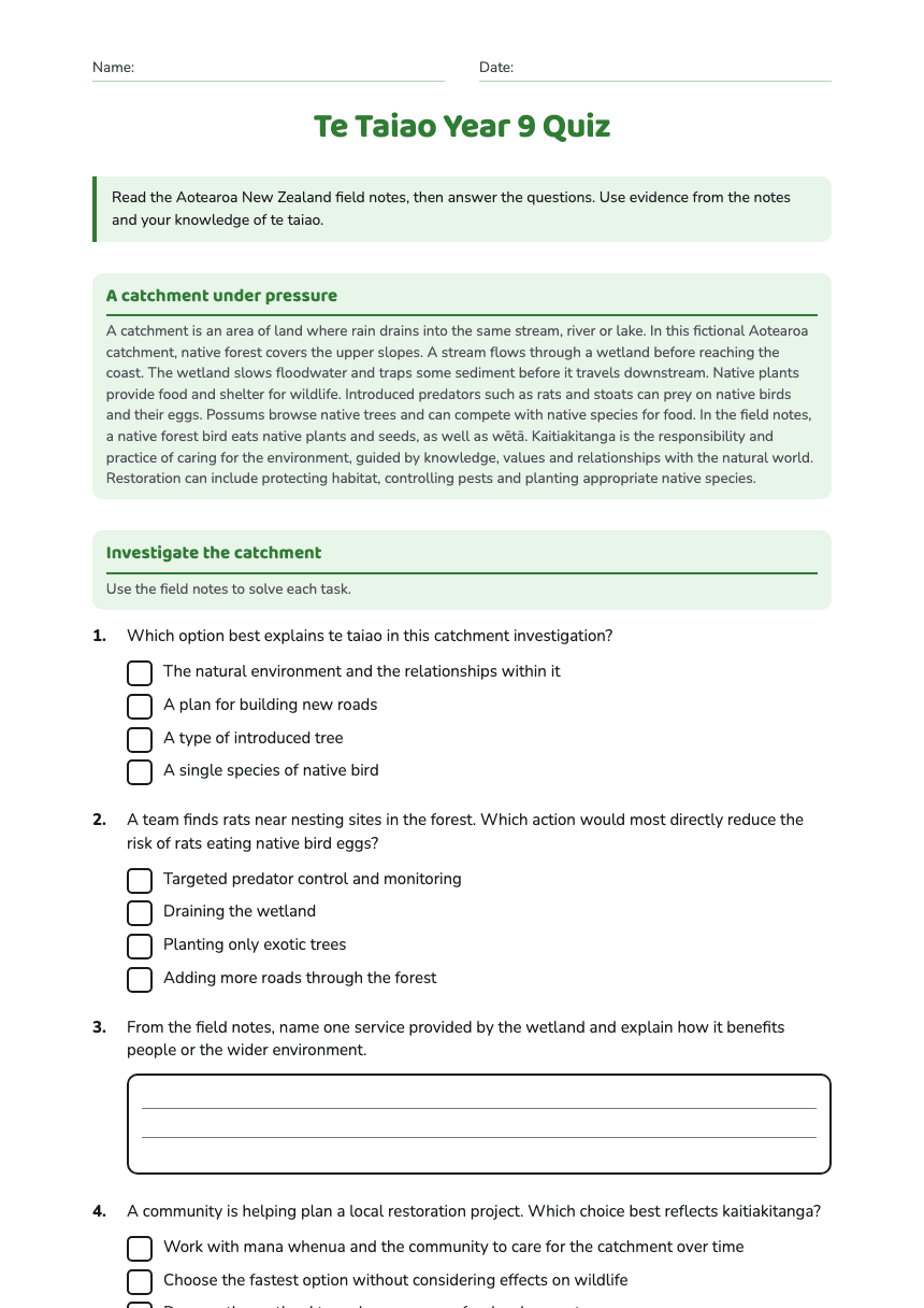 Te Taiao Year 9 Quiz worksheet preview