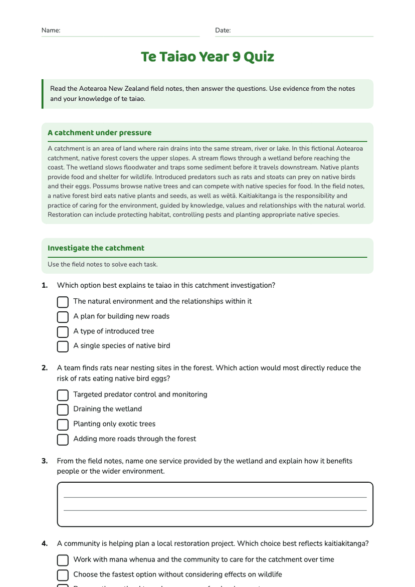 Te Taiao Year 9 Quiz