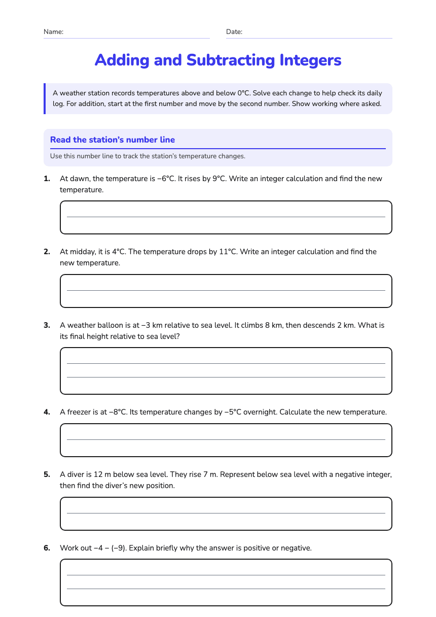 Adding and Subtracting Integers worksheet preview