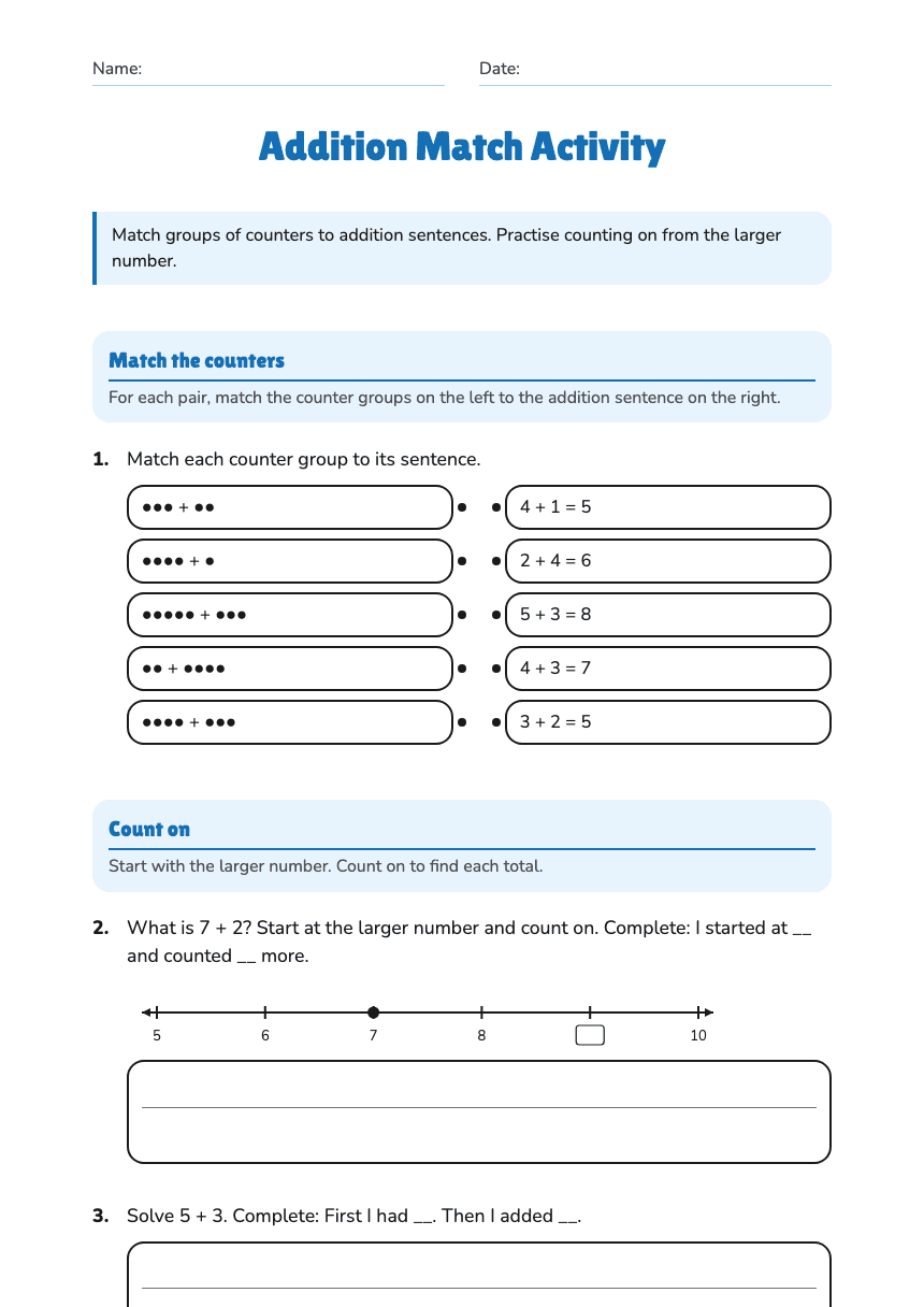 Addition Match Activity worksheet preview
