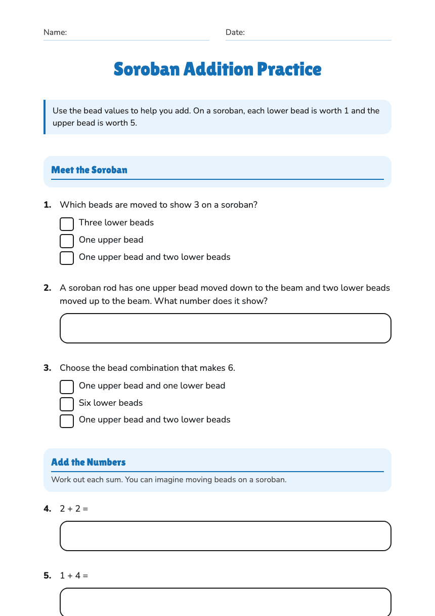 Soroban Addition Practice worksheet preview