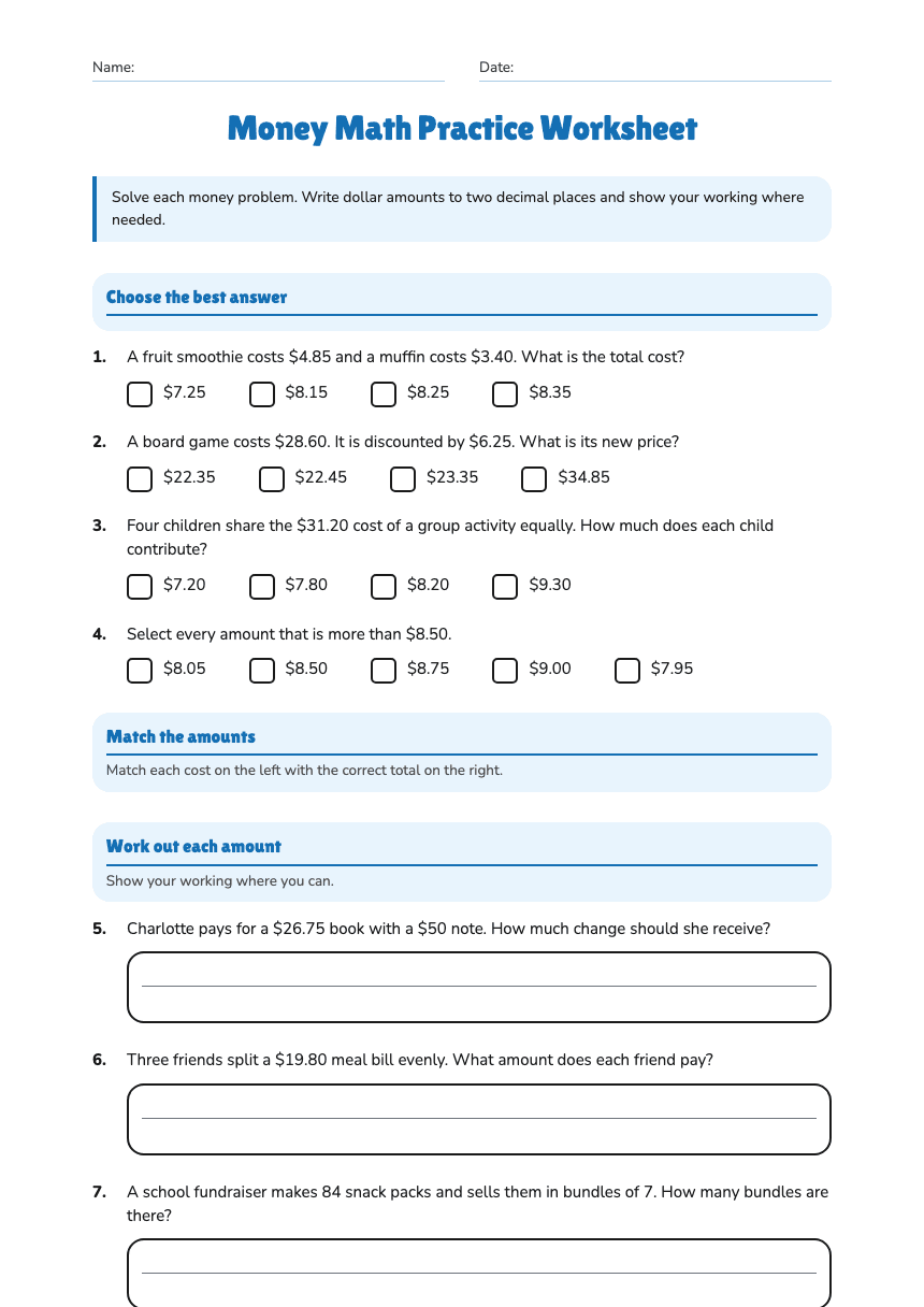 Money Math Practice Worksheet worksheet preview