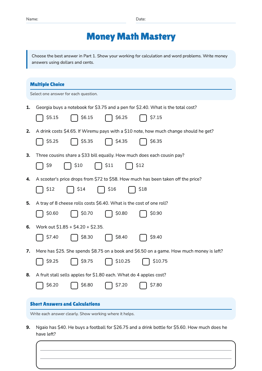 Money Math Mastery worksheet preview