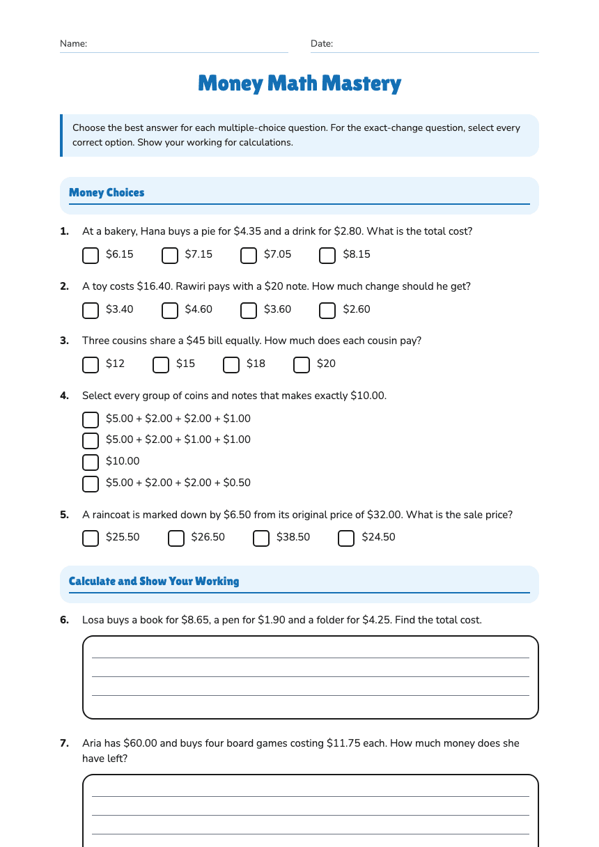 Money Math Mastery worksheet preview