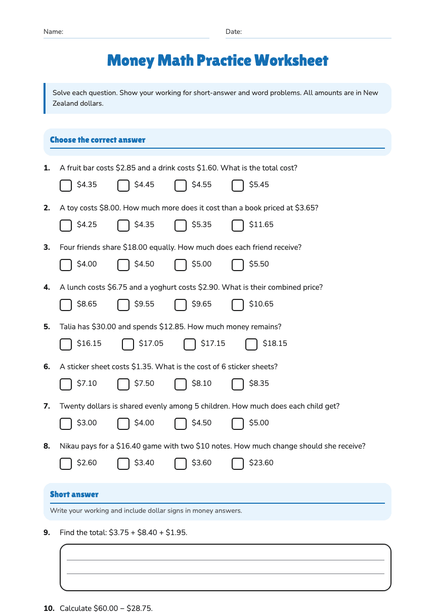 Money Math Practice Worksheet worksheet preview