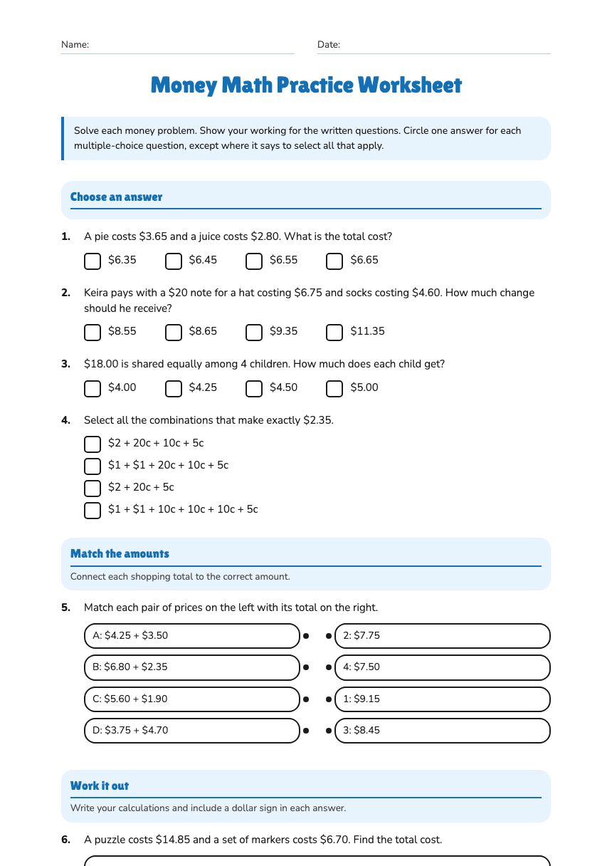 Money Math Practice Worksheet worksheet preview