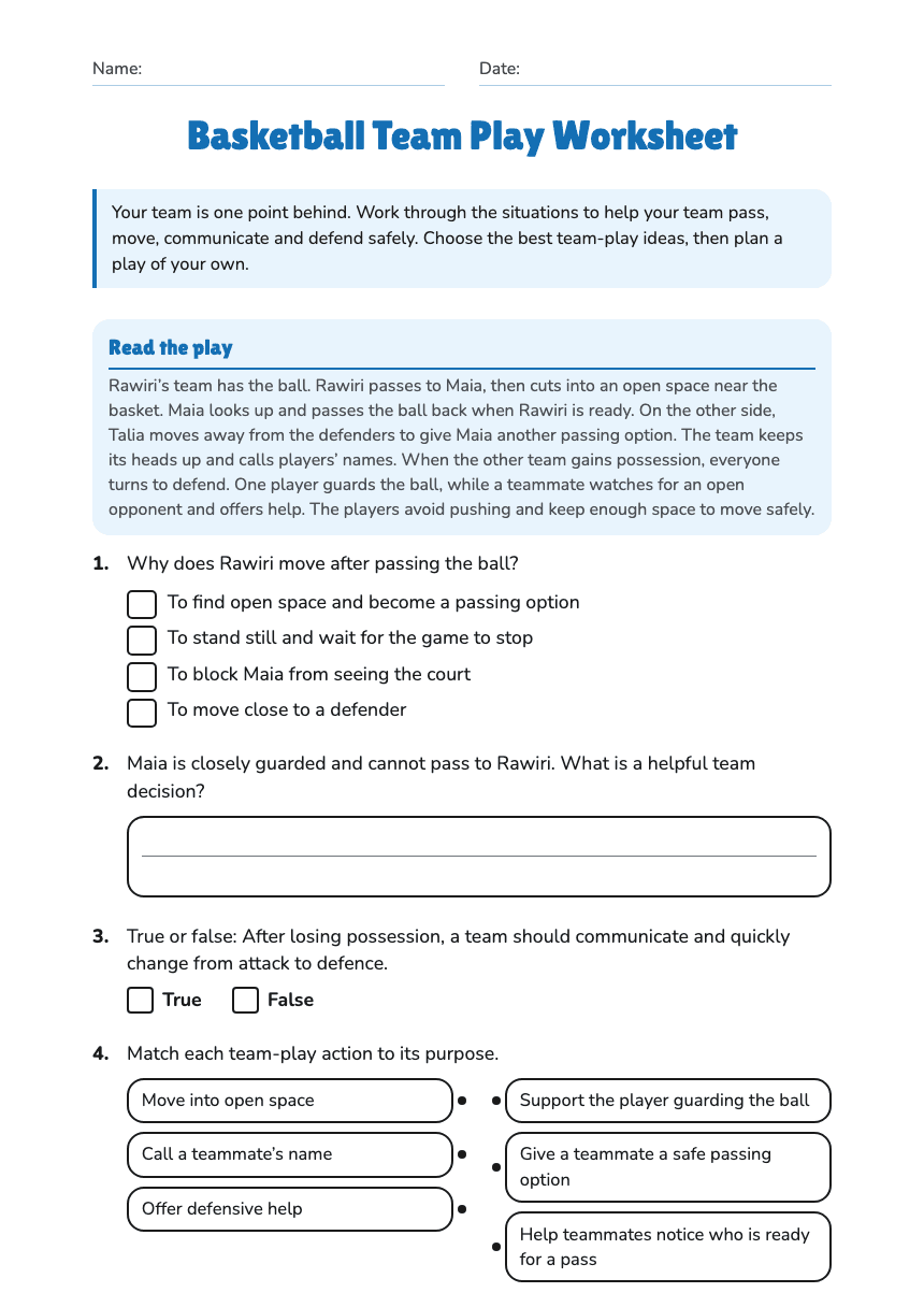 Basketball Team Play Worksheet worksheet preview