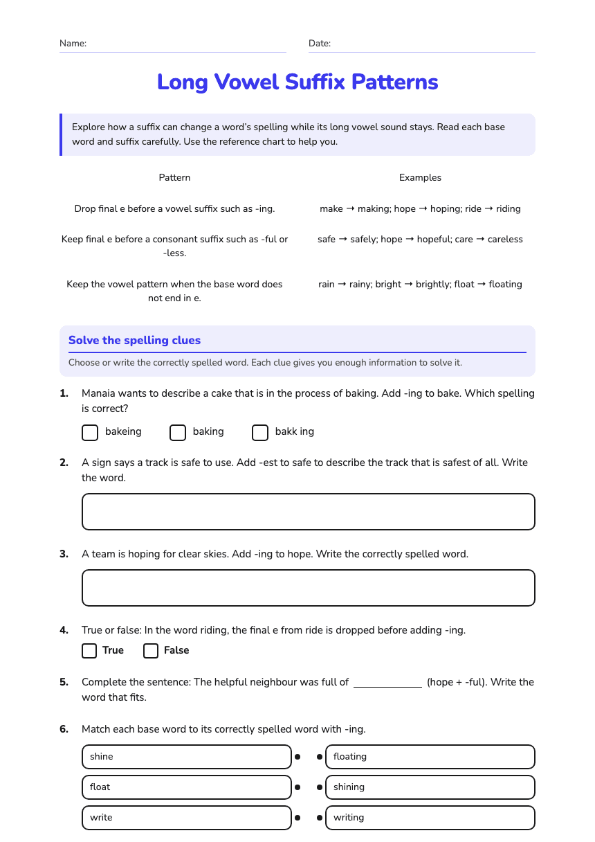 Long Vowel Suffix Patterns worksheet preview