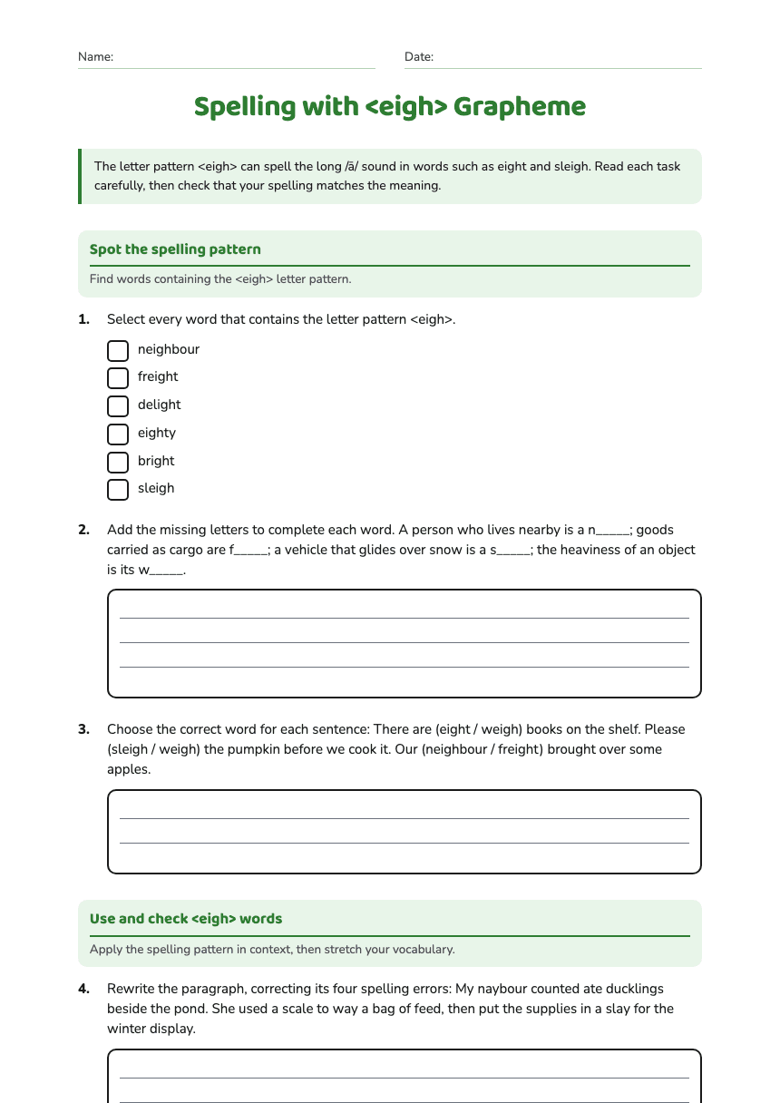 Spelling with <eigh> Grapheme worksheet preview