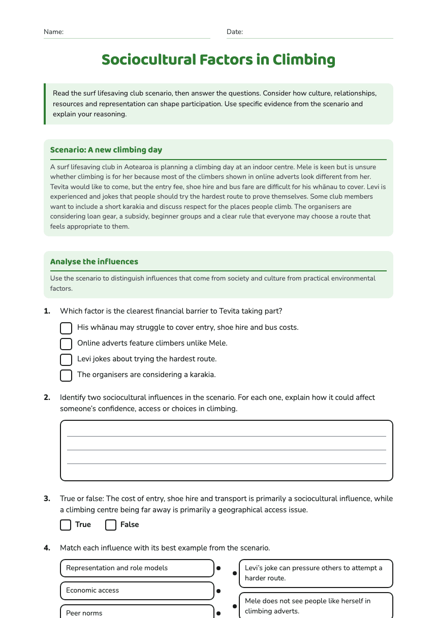 Sociocultural Factors in Climbing worksheet preview