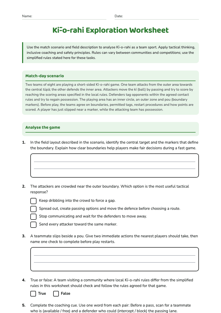 Kī-o-rahi Exploration Worksheet worksheet preview