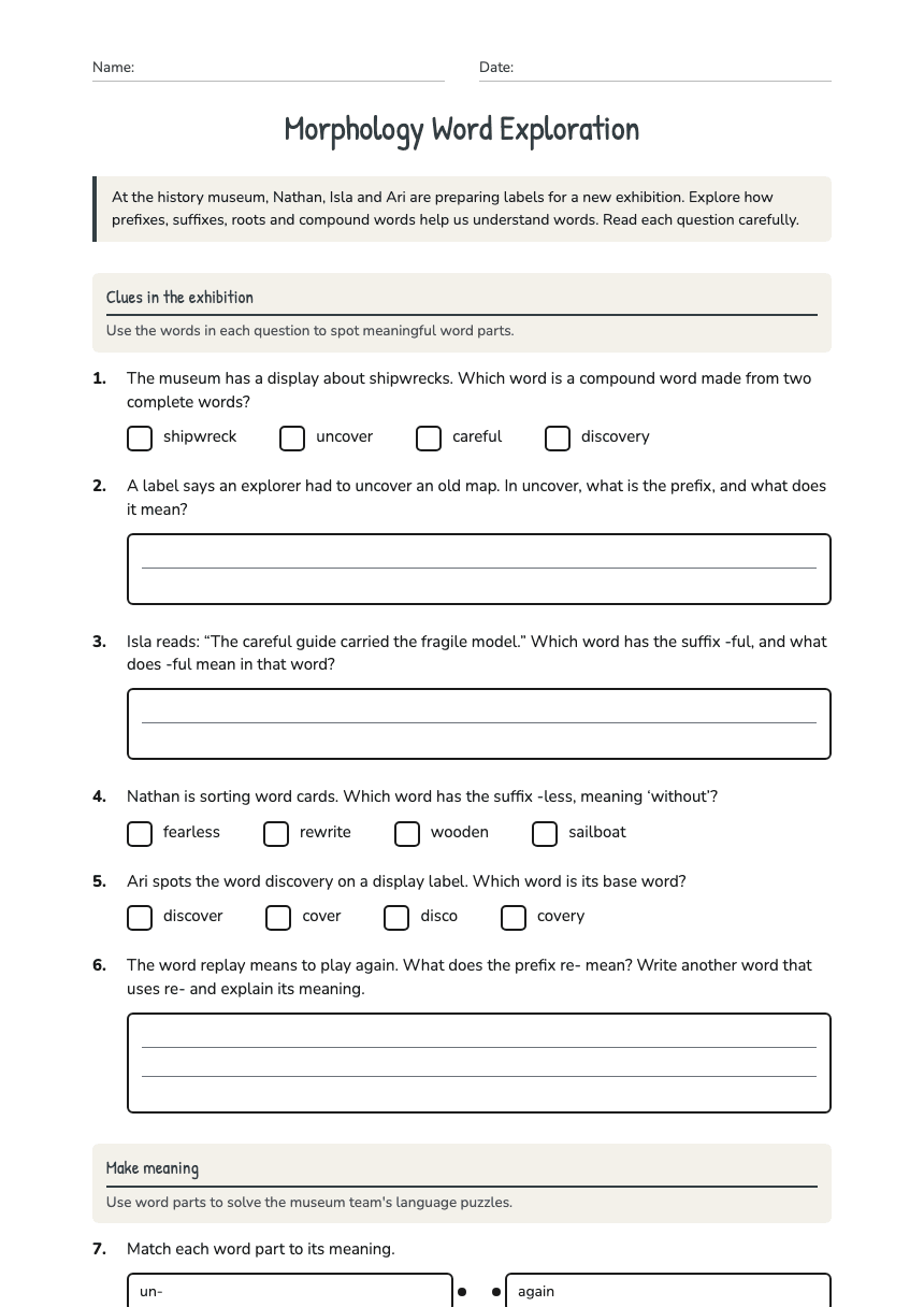 Morphology Word Exploration worksheet preview