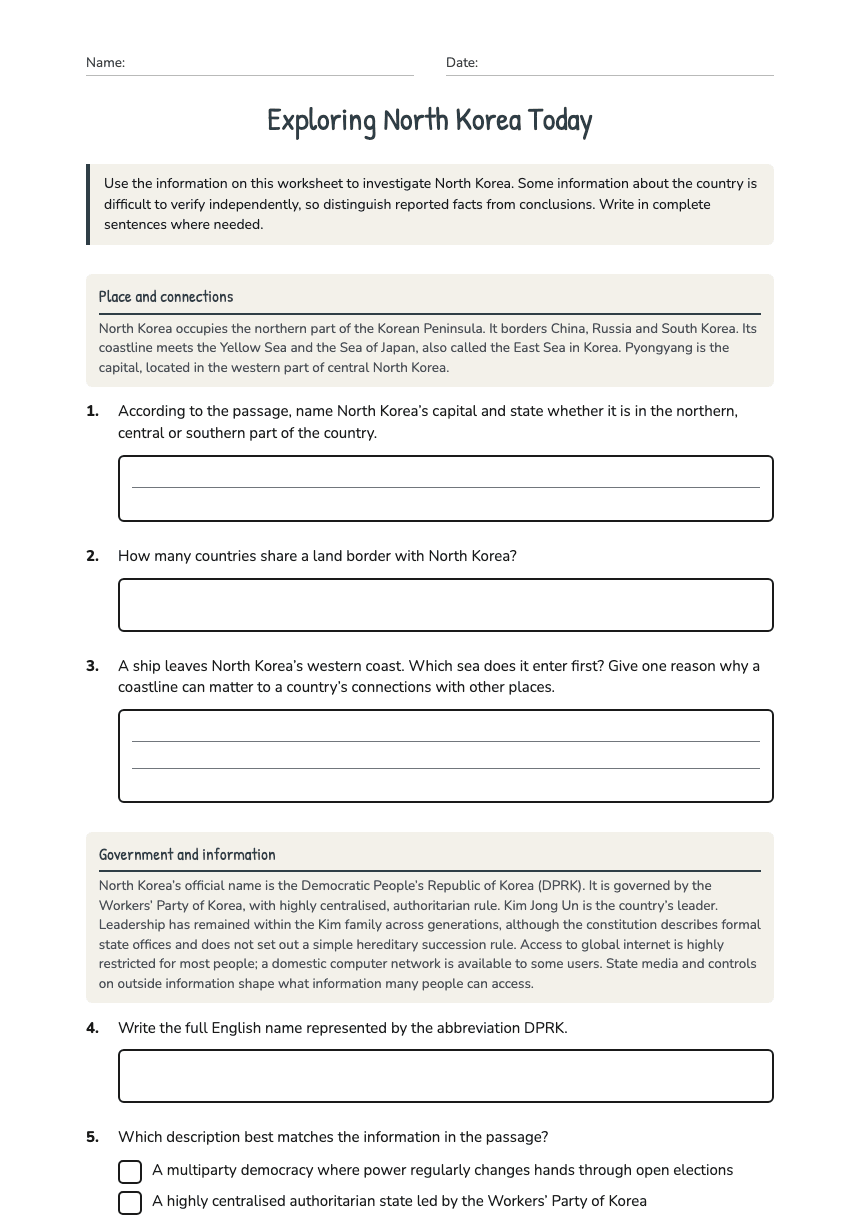 Exploring North Korea Today worksheet preview