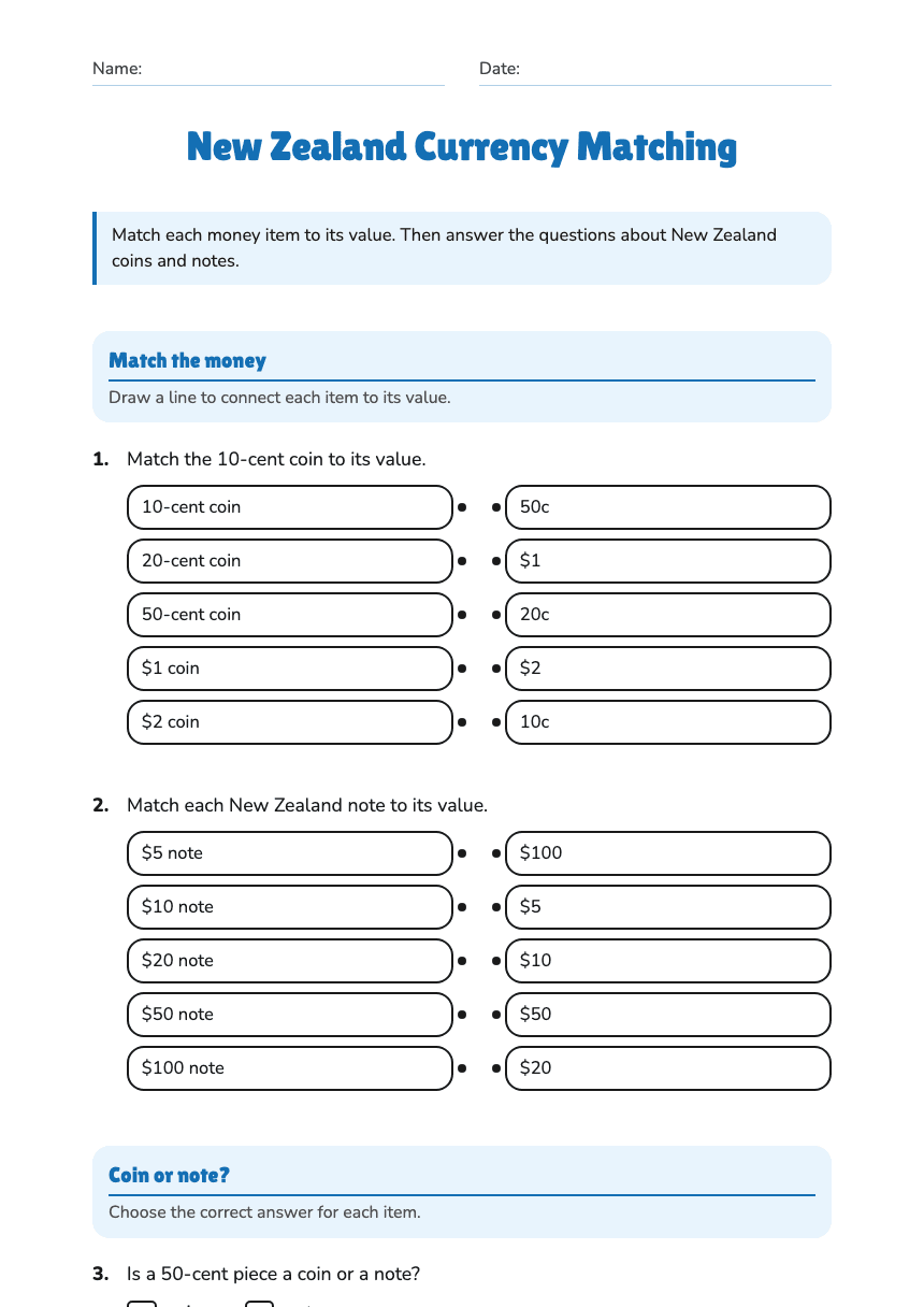 New Zealand Currency Matching worksheet preview